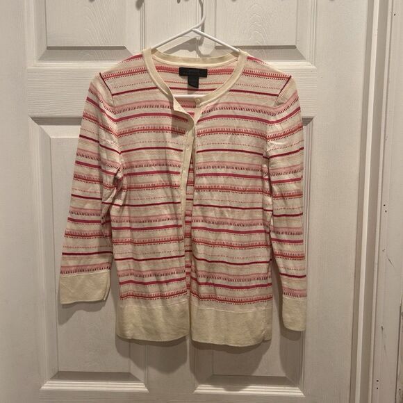 Express‎ Cream Pink Striped Cotton Cashmere Cardigan Sweater Large Y2k - Picture 1 of 5